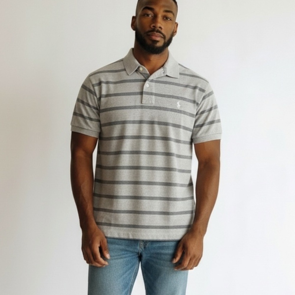 Polo Ralph Lauren Men's Large Gray Striped Polo Shirt Cotton Classic Preppy